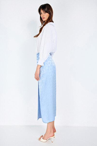 boneqa barcelona Jakarlı Önden Düğme Detaylı Mavi Midi Etek