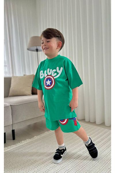 JELİBOOM Bluey Printed Summer Bottom Top Set Shorts Set Yeşil