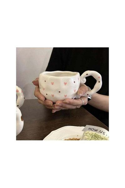 Generic Qahwa 300ml Ceramic Mug with Brown Dots and Pink Delicate Hearts