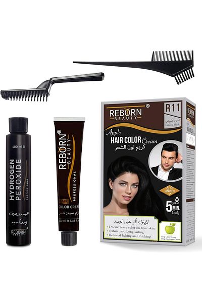 REBORN Beauty Hair Coloring Cream - Does Not Leave Color on Skin - 100ml + Natural Black Developer R