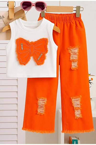 Bebeğimin Dolabında Girl's Butterfly Thisirt Trousers 2 Piece Set Orange