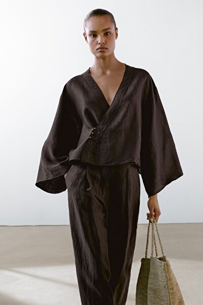Massimo Dutti Keten karışımlı kruvaze kimono