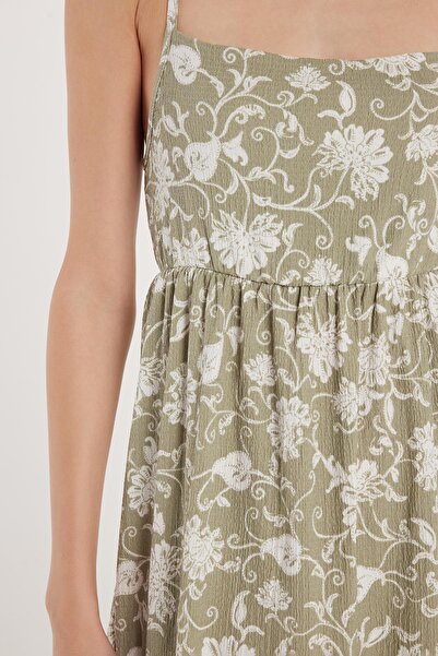 Tudors Kadın Regular Fit İnce Askılı Kare Yaka Bağlama Detaylı Baskılı Elbise