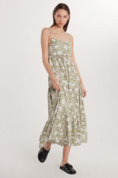 Tudors Kadın Regular Fit İnce Askılı Kare Yaka Bağlama Detaylı Baskılı Elbise