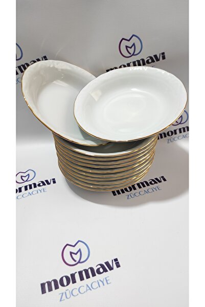 Porland Porselen Çukur Yemek Tabak 12'li Altın Yaldızlı 19 Cm