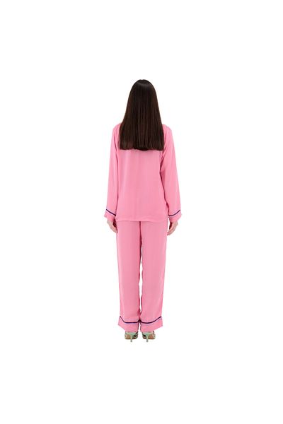 DreamyHush Women's Pink Pajama Set With Navy Piping, Long Sleeve Button-down Top And Pants, Classic