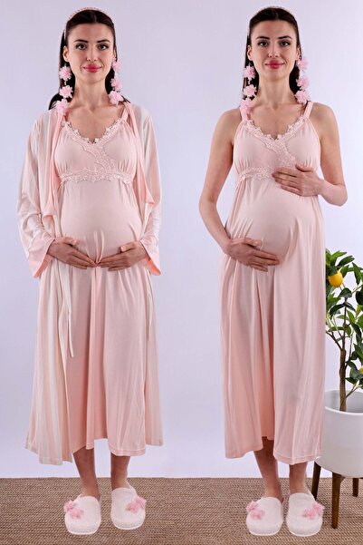 ByLohusa Effortt Pudra Sabahlıklı Hamile Lohusa Gecelik Takım