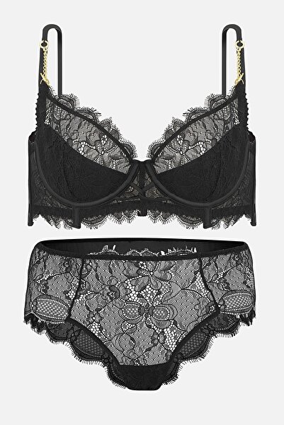 Wonna Dantelli Sütyen Külot Takım -Gold Zincir Detaylı-Yarı Sünger Destekli - 2733 - Siyah