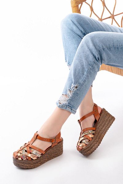 serkanseyyid 684-02 Taba Garni Orthopedic Genuine Leather Padding Women's Sandals