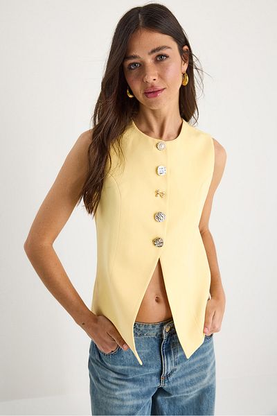 Bianco Lucci Women's Regular Bisilet Collar Gold Button Detailed Lined Woven Vest 9005 60283150