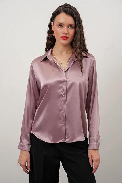 Merterium Kadın Gül Kurusu Saten Gömlek Geniş Beden Aralığı