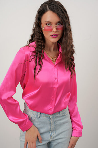 Merterium Kadın Fuşya Saten Gömlek Geniş Beden Aralığı