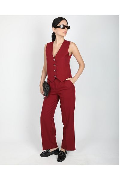 DEQ FASHION Claret Red Women's Bow Buttoned Vest Trousers Double Set