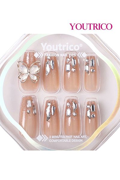 Youtrico 24 Press-on nails,3D butterfly,Diamond sparkle,Nail salon