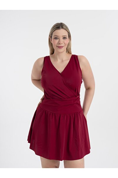 AQUAVİVA Women's Burgundy Plus Size Dakota Double Breasted Detailed Dress Swimsuit with Shorts