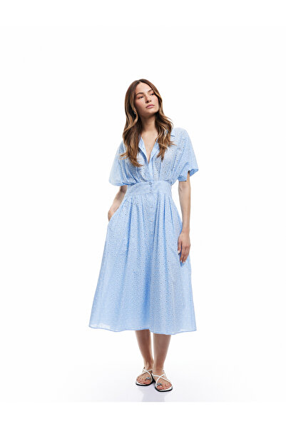 Koton Brodeli Kısa Kollu Gömlek Yaka Pamuklu Midi Elbise