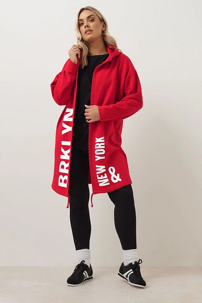 Stil Diva Large Size Hooded Long Sleeve Letter Printed Pocketless Cardigan 303982