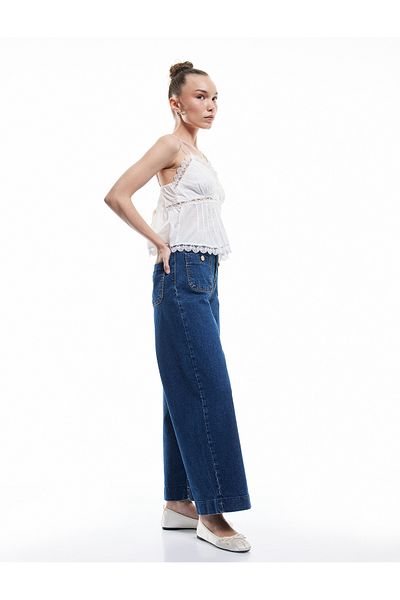 Koton Pantaloni scurti din denim, cu talie înaltă, cu buzunare - Blugi Culotte