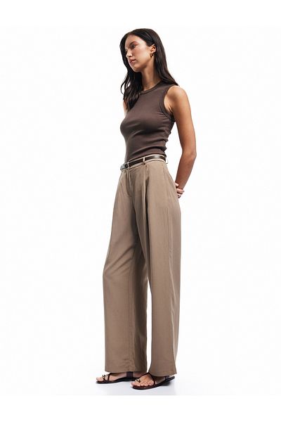 Koton Belted High Waist Wide Leg Linen Blended Trousers