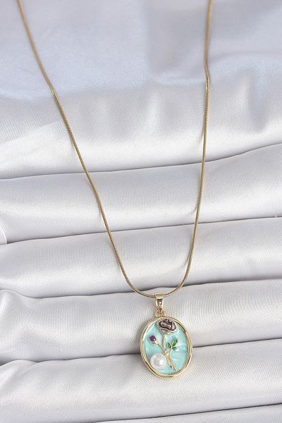 NEZADE STORE 316L Steel Gold Color Chain Blue Flower Embroidered Pearl Detail Portrait Model Women's Necklace - Lisinya