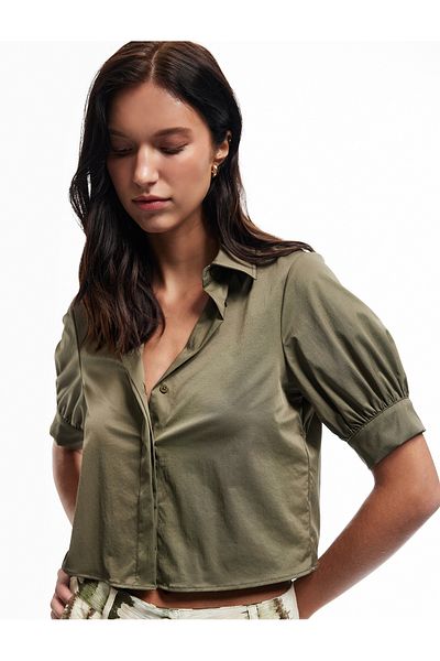 Koton Balloon Sleeve Classic Collar Crop Shirt