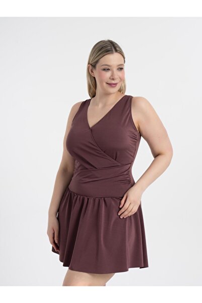 AQUAVİVA Women's Brown Plus Size Dakota Double Breasted Detailed Dress Swimsuit with Shorts