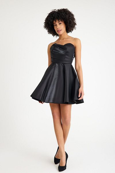 SpringStore Black Pleated Strapless Short Evening Dress