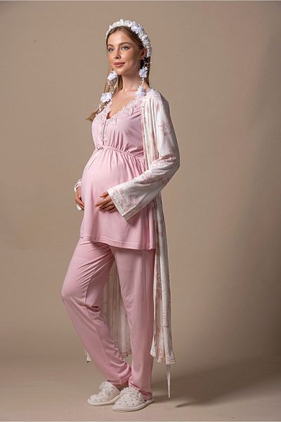 Effortt Powder Patterned Maternity Pajamas Set with Dressing Gown