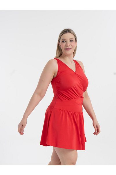 AQUAVİVA Women's Red Plus Size Dakota Double Breasted Detail Shorts Dress Swimsuit