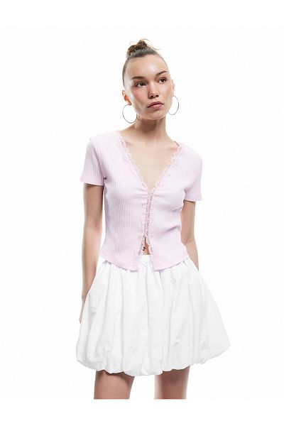 Koton Lace Detailed Short Sleeve V-Neck T-Shirt