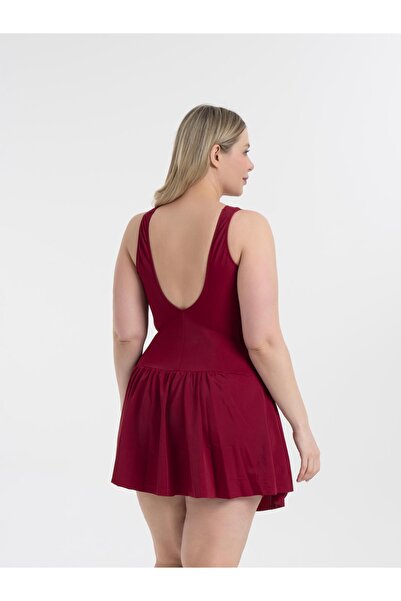 AQUAVİVA Women's Burgundy Plus Size Dakota Double Breasted Detailed Dress Swimsuit with Shorts