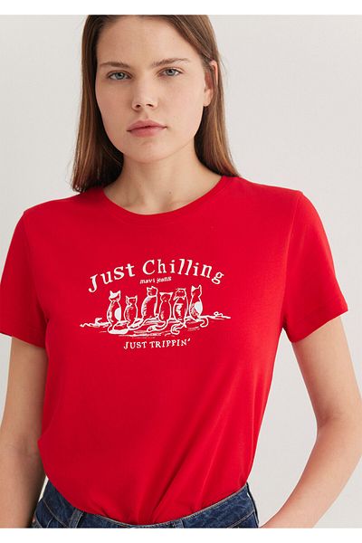 Mavi Rotes T-Shirt mit Katzenmuster, halbschmale Passform 1612940 -82054