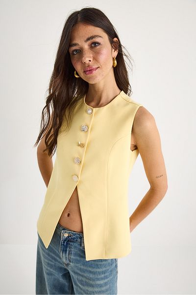 Bianco Lucci Women's Regular Bisilet Collar Gold Button Detailed Lined Woven Vest 9005 60283150
