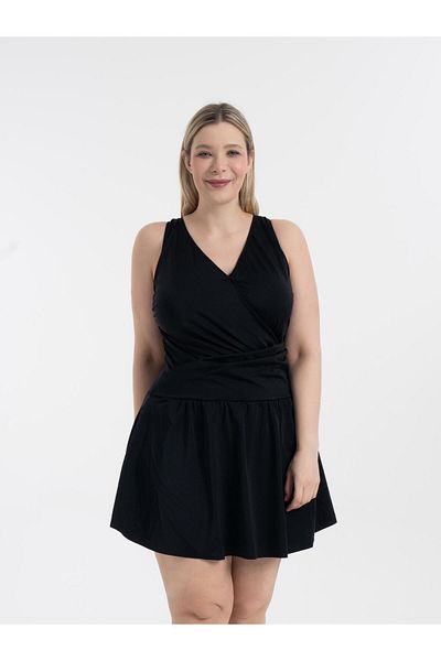 AQUAVİVA Women's Glossy Black Plus Size Dakota Double Breasted Detail Dress Swimsuit with Shorts
