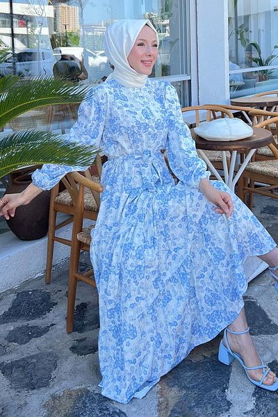 benguen Floral Patterned Hijab Dress Blue 503