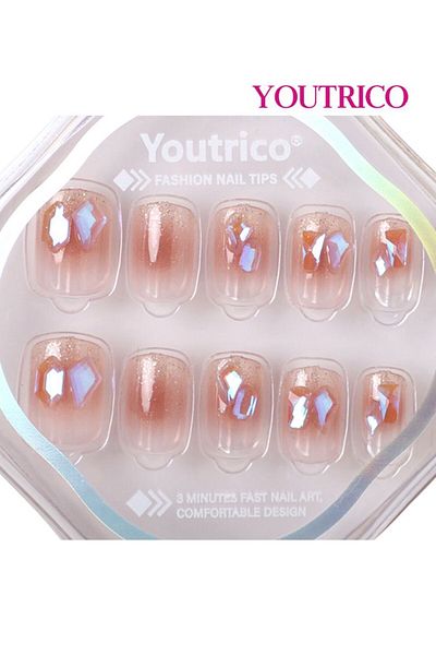 Youtrico 30 Press-on nails,Pink shimmer, 3D diamonds Color gradient,Nail salon