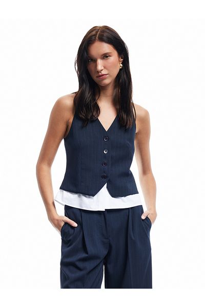 Koton V-Neck Buttoned Blazer Vest with Two Different Fabric Details