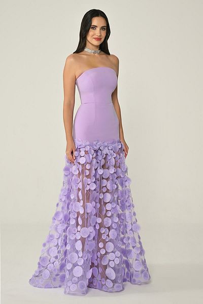 ALFABETA Strapless Top Crepe Skirt Three-Dimensional Tulle Long Chic Dress