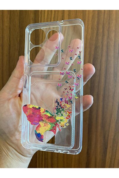 Newon Tecno Camon 20 Kelebek Printed Transparent Card Holder Silicone Phone C...