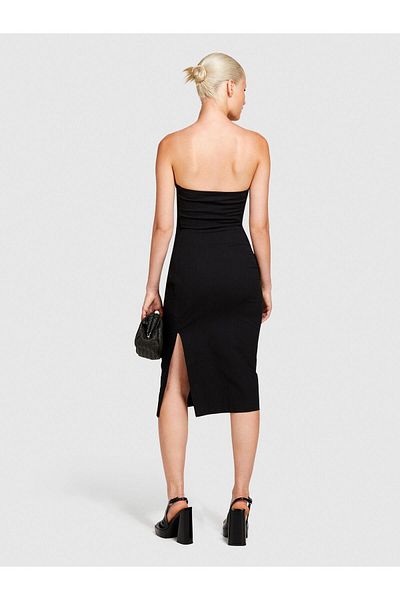 Sisley Stretch Cotton Front Gathered Slim Fit Strapless Dress Women Black Dress - 324P4Orplv05M