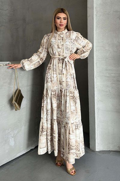 benguen Patterned Hijab Dress Beige 507-1