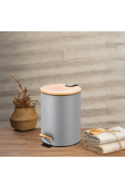 Vadi 12 Lt White Pedal Metal Trash Can - Stylish Kitchen and Bathroom Bucket with Bamboo Lid Gray