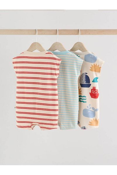 Next Baby 100% Cotton Blue White Boat Patterned 3-Piece Romper Set