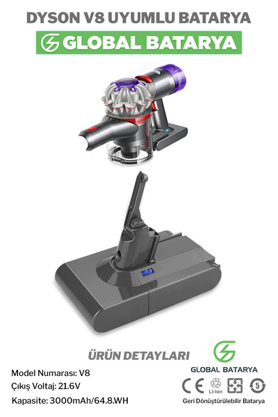 GLOBAL BATARYA DYSÖN V8 Uyumlu Dikey Süpürge Bataryası 3000mAh 21.6V Li-ion Pil