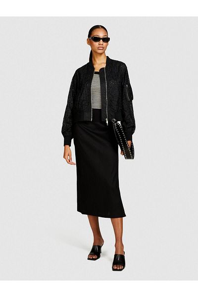 Sisley Linen and Cotton Blended Slit Midi Pencil Skirt Women's Black Skirt - 324P4U6Wl0023