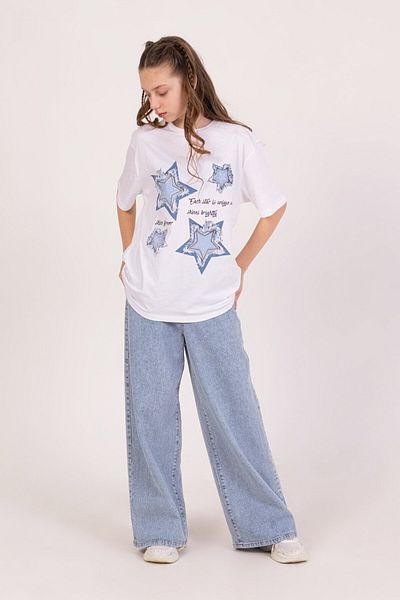 Dmb Tricou supradimensionat din bumbac cu mânecă scurtă cu imprimeu cu stele pentru fete