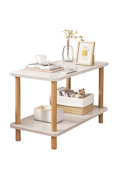 EqiEch Double-Tier End Table, No-Tool Assembly, MDF & Wood, White/Marble, 60x30x53cm
