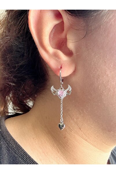 Gümüş sandık Pembe Kalpli Sallantılı Halka Çelik Küpe