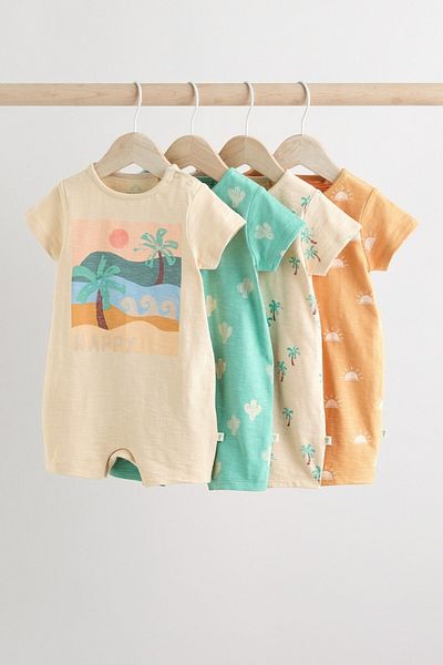Next Baby 100% Cotton Cream Green Palm Patterned 4-Piece Romper Set