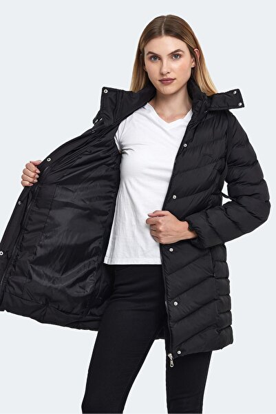 Slazenger Kadın Fermuarlı Kapşonlu Kışlık Mont Suya Dayanıklı Mont Siyah